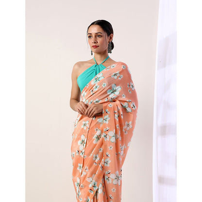 Label Nitika Coral Crepe Saree with Stitched Blouse