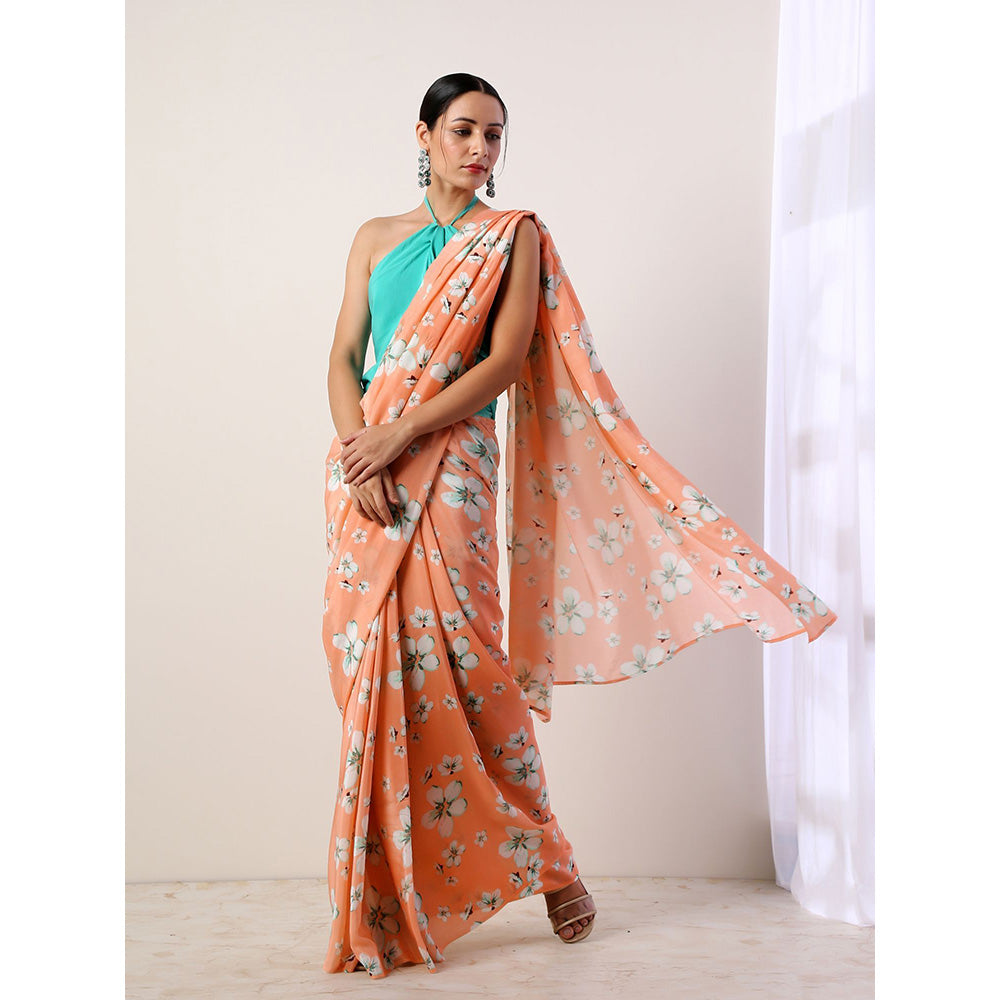 Label Nitika Coral Crepe Saree with Stitched Blouse