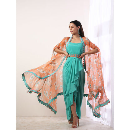 Label Nitika Coral Cape with Teal Draped Dress with Belt & Cape (Set of 3)