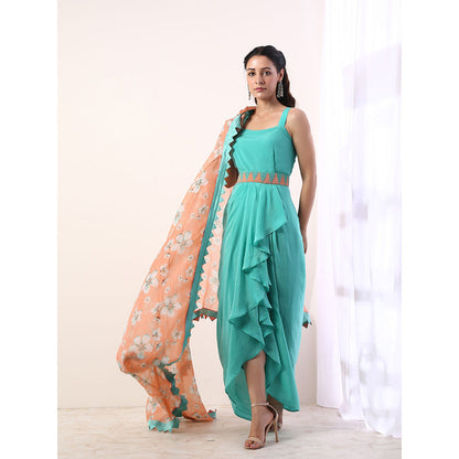 Label Nitika Coral Cape with Teal Draped Dress with Belt & Cape (Set of 3)