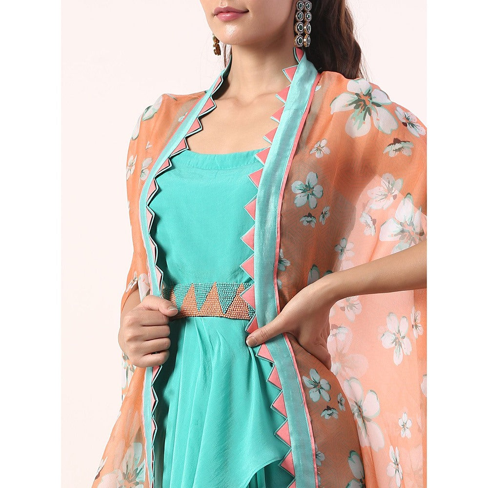 Label Nitika Coral Cape with Teal Draped Dress with Belt & Cape (Set of 3)