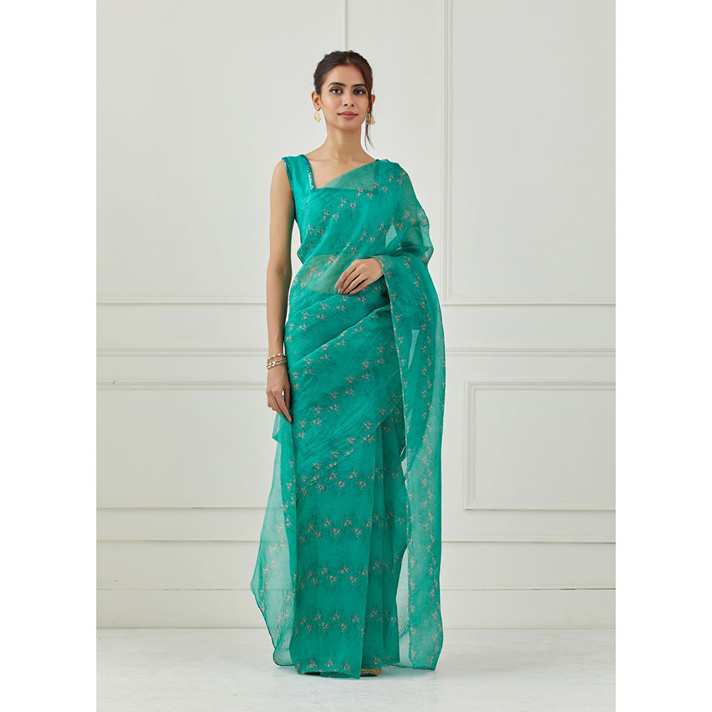Label Nitika Teal Organza Saree with Stitched Blouse