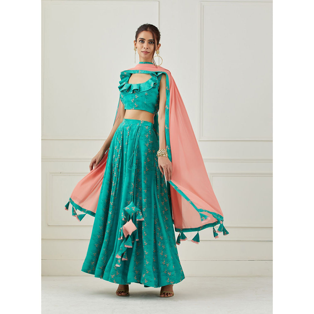 Label Nitika Teal Lehenga Blouse with Dupatta (Set of 3)