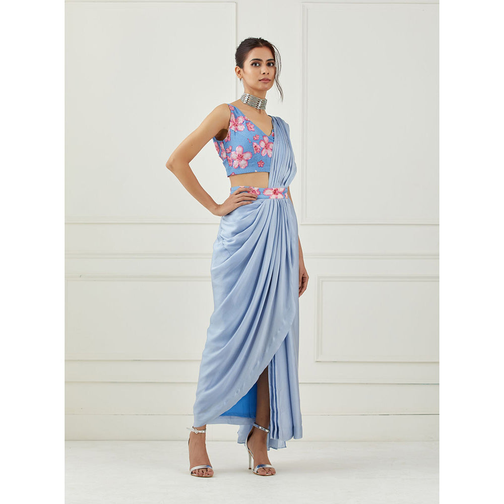 Label Nitika Moon Blue Draped Saree with Sleeveless Stitched Blouse