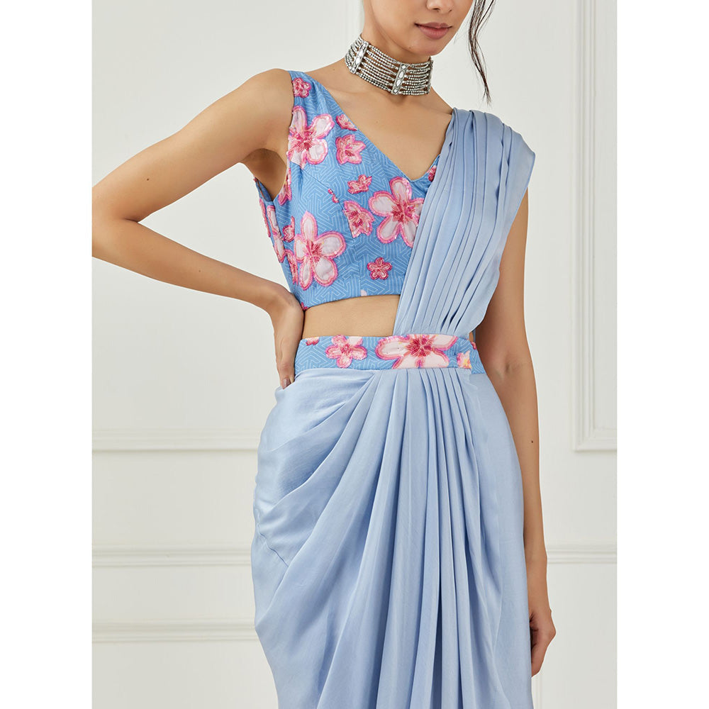 Label Nitika Moon Blue Draped Saree with Sleeveless Stitched Blouse