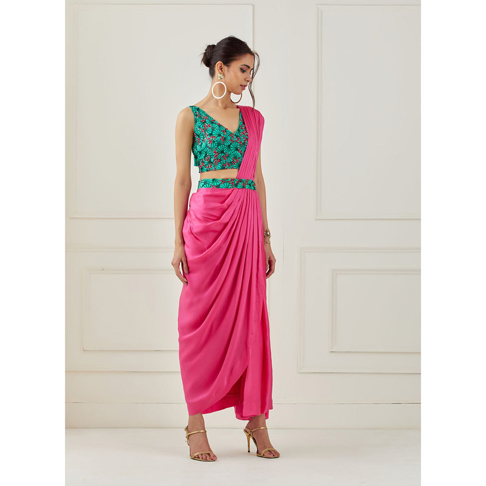Label Nitika Pink Draped Saree with Sleeveless Stitched Blouse