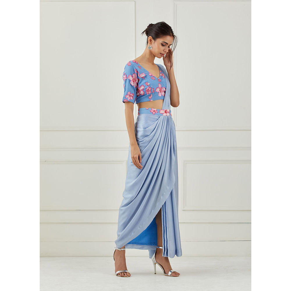 Label Nitika Moon Blue Draped Saree with Sleeveless Stitched Blouse