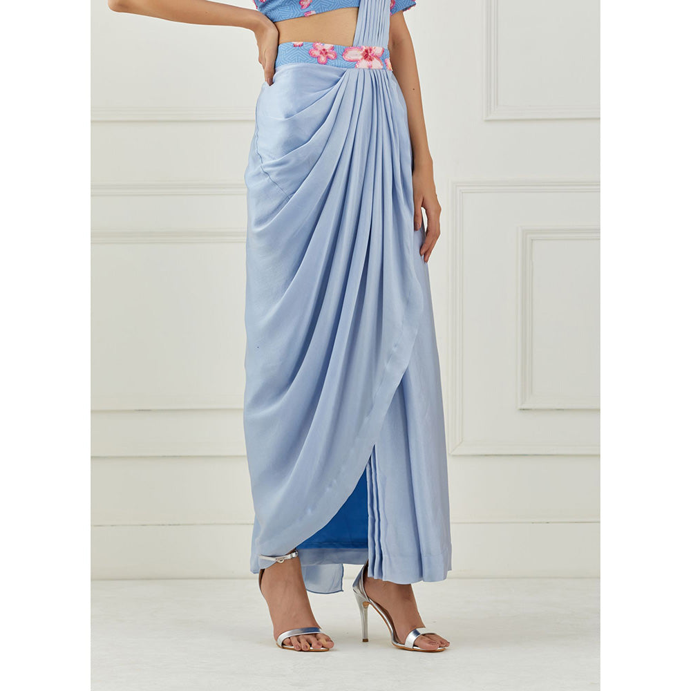Label Nitika Moon Blue Draped Saree with Sleeveless Stitched Blouse