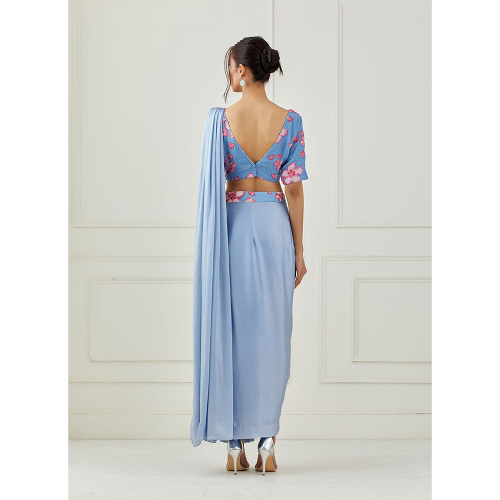 Label Nitika Moon Blue Draped Saree with Sleeveless Stitched Blouse
