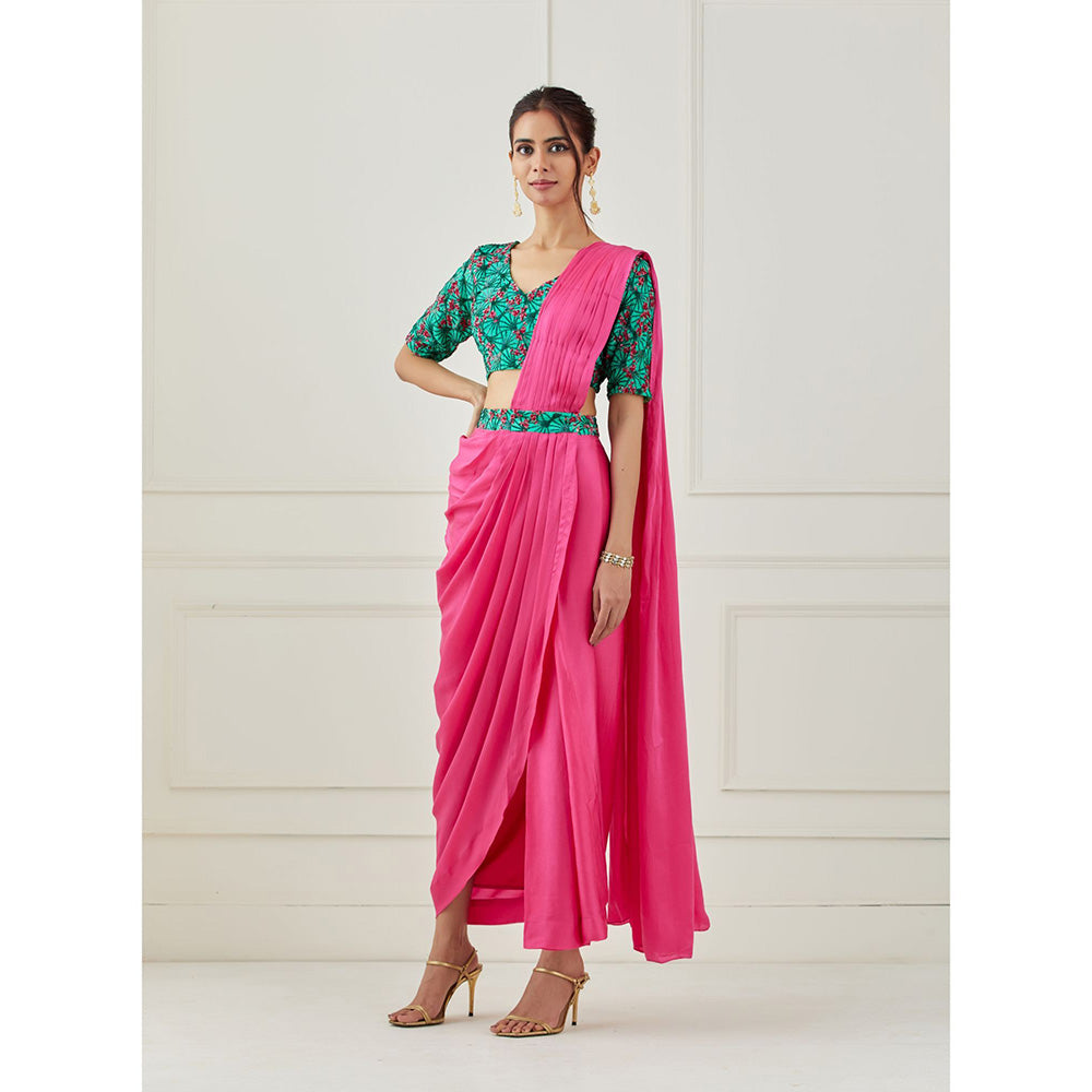 Label Nitika Pink Draped Saree with Sleeves Saree with Stitched Blouse