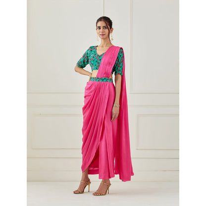 Label Nitika Pink Draped Saree with Sleeves Saree with Stitched Blouse