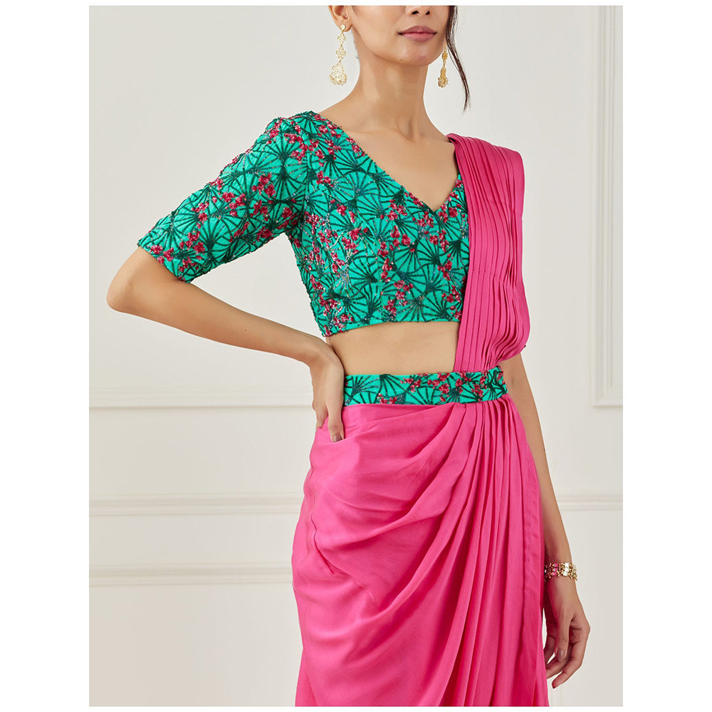 Label Nitika Pink Draped Saree with Sleeves Saree with Stitched Blouse