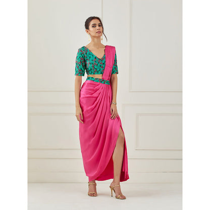 Label Nitika Pink Draped Saree with Sleeves Saree with Stitched Blouse