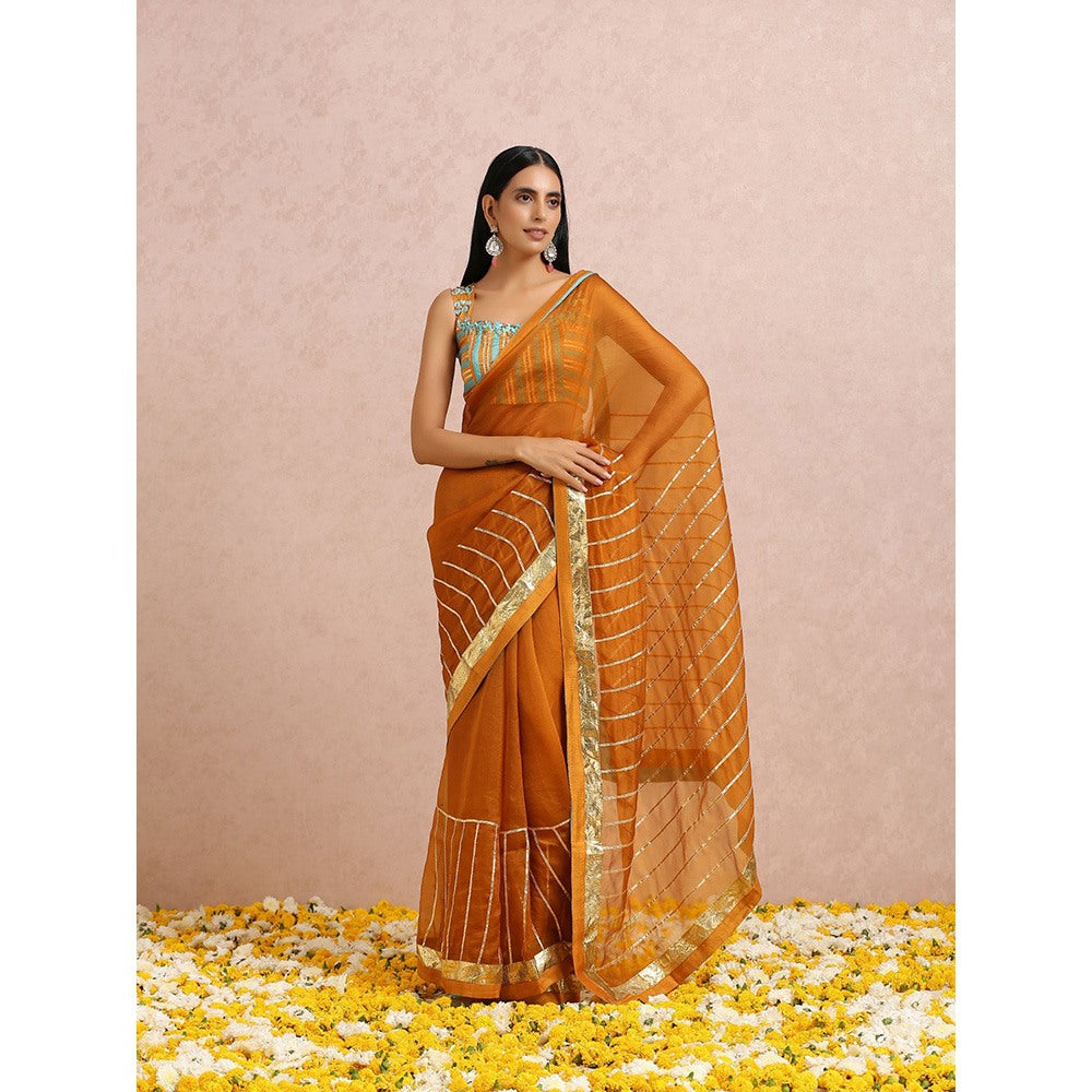 Label Nitika Rust Saree Or Sleeves Saree with Stitched Blouse