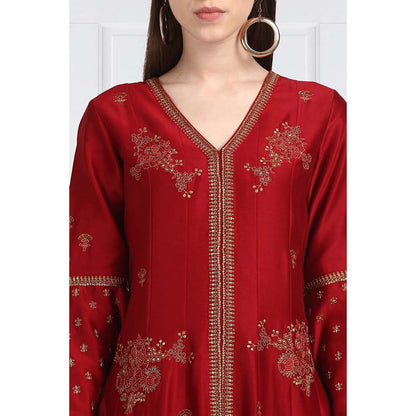 Label Earthen Women Maroon Embroidered Anarkali Kurta with Palazzo & Dupatta (Set of 3)