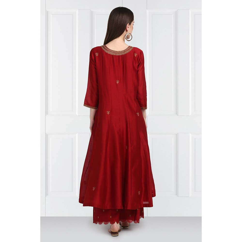 Label Earthen Women Maroon Embroidered Anarkali Kurta with Palazzo & Dupatta (Set of 3)