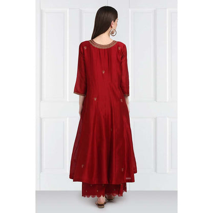 Label Earthen Women Maroon Embroidered Anarkali Kurta with Palazzo & Dupatta (Set of 3)