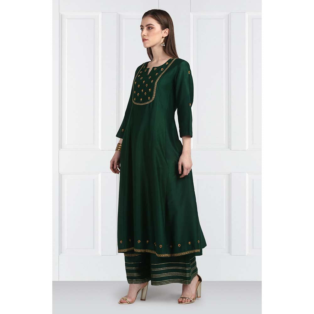 Label Earthen Women Green Embroidered Anarkali Kurta with Palazzo & Dupatta (Set of 3)