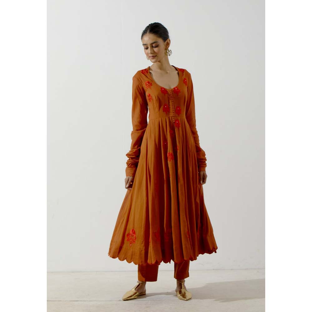 Label Earthen Women Mustard Floral Anarkali Kurta with Pant (Set of 2)