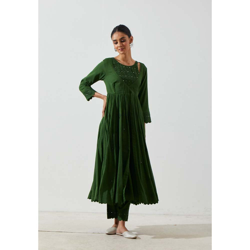 Label Earthen Women Green Embroidered Anarkali Kurta with Pant (Set of 2)