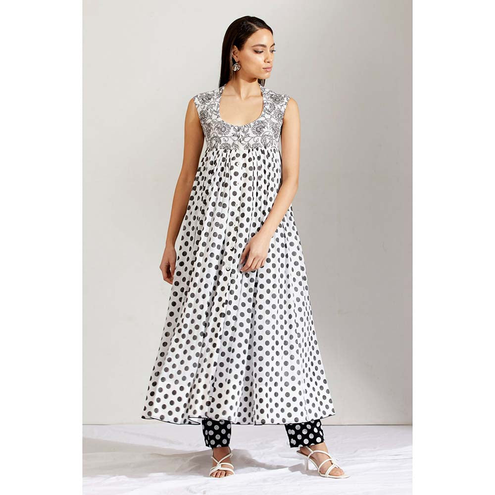 Label Earthen Women White Polka Dots Anarkali Kurta with Pant (Set of 2)