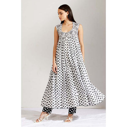 Label Earthen Women White Polka Dots Anarkali Kurta with Pant (Set of 2)