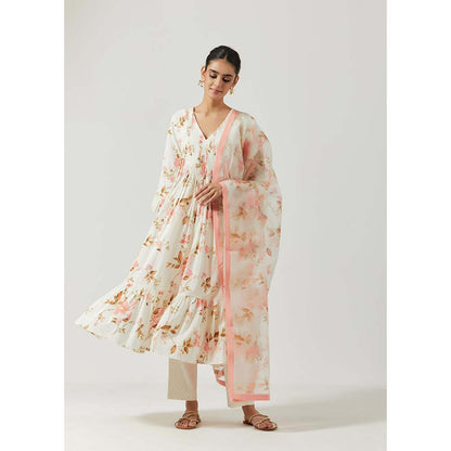 Label Earthen Women White Floral Anarkali Kurta with Pant & Dupatta (Set of 3)