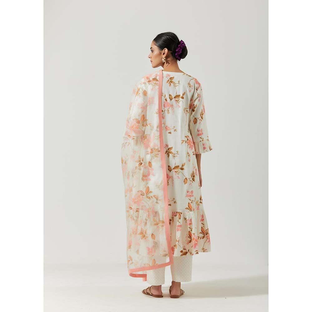 Label Earthen Women White Floral Anarkali Kurta with Pant & Dupatta (Set of 3)