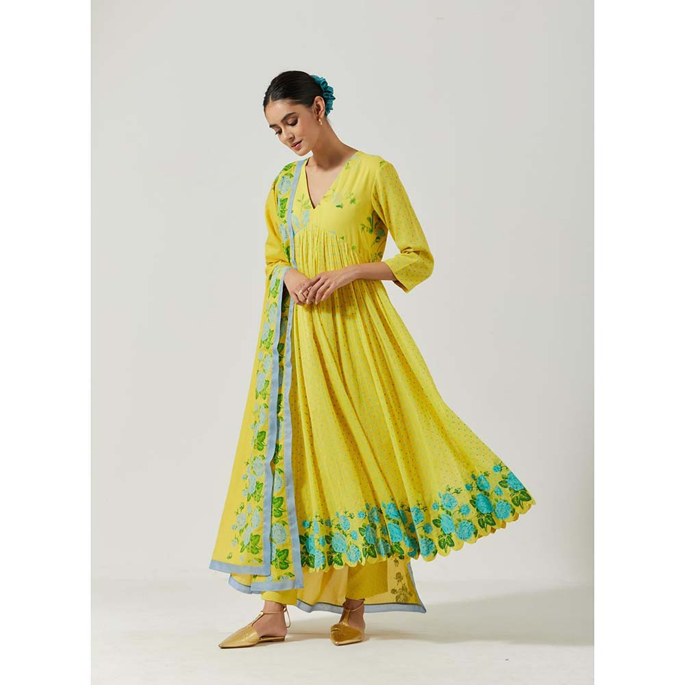 Label Earthen Women Yellow Floral Anarkali Kurta with Pant & Dupatta (Set of 3)