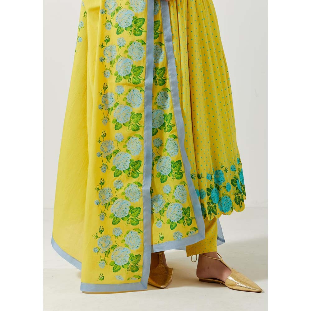Label Earthen Women Yellow Floral Anarkali Kurta with Pant & Dupatta (Set of 3)