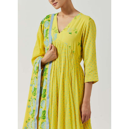Label Earthen Women Yellow Floral Anarkali Kurta with Pant & Dupatta (Set of 3)