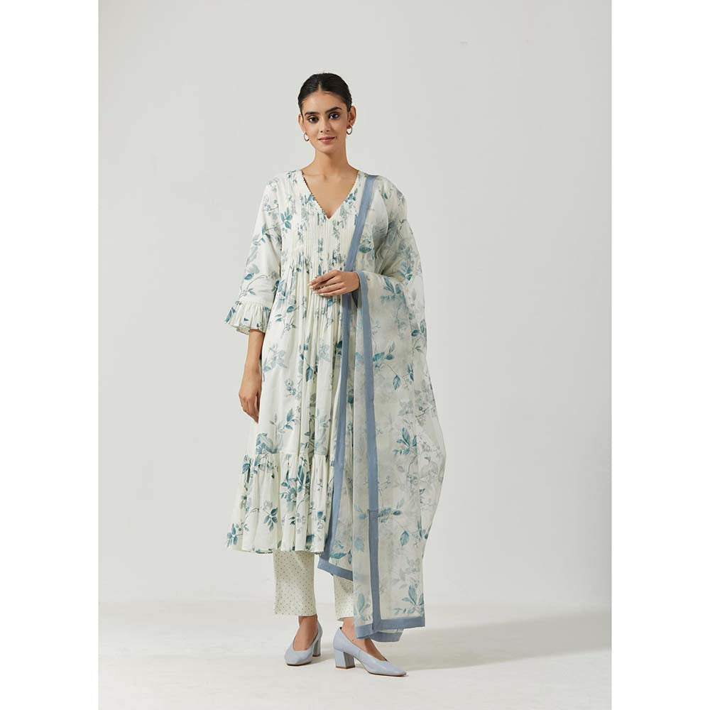 Label Earthen Women White Floral Anarkali Kurta with Pant & Dupatta (Set of 3)