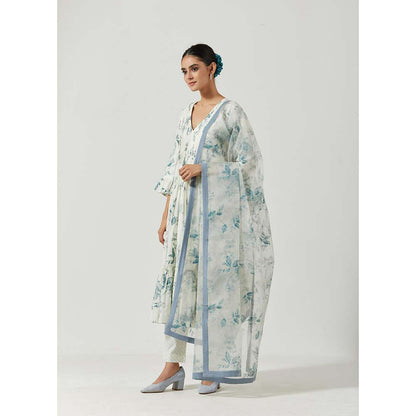 Label Earthen Women White Floral Anarkali Kurta with Pant & Dupatta (Set of 3)