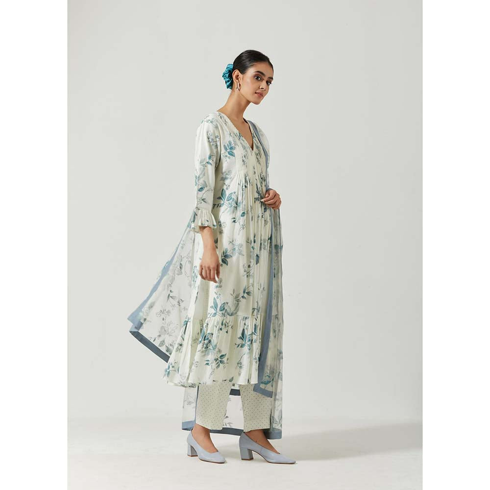 Label Earthen Women White Floral Anarkali Kurta with Pant & Dupatta (Set of 3)