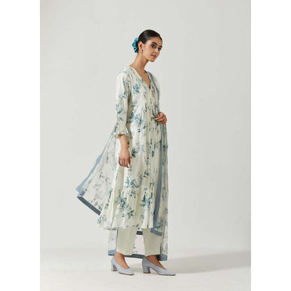 Label Earthen Women White Floral Anarkali Kurta with Pant & Dupatta (Set of 3)
