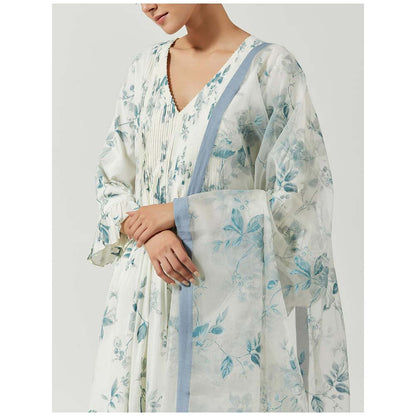 Label Earthen Women White Floral Anarkali Kurta with Pant & Dupatta (Set of 3)