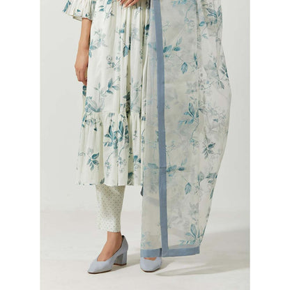 Label Earthen Women White Floral Anarkali Kurta with Pant & Dupatta (Set of 3)