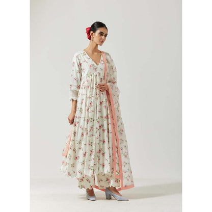 Label Earthen Women White Floral Anarkali Kurta with Pant & Dupatta (Set of 3)