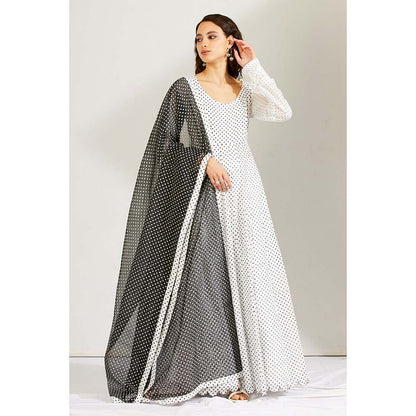 Label Earthen Women White Polka Dots Anarkali Kurta with Pant & Dupatta (Set of 3)