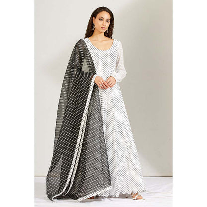 Label Earthen Women White Polka Dots Anarkali Kurta with Pant & Dupatta (Set of 3)