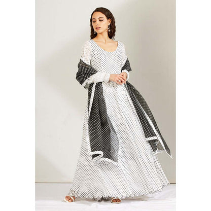Label Earthen Women White Polka Dots Anarkali Kurta with Pant & Dupatta (Set of 3)