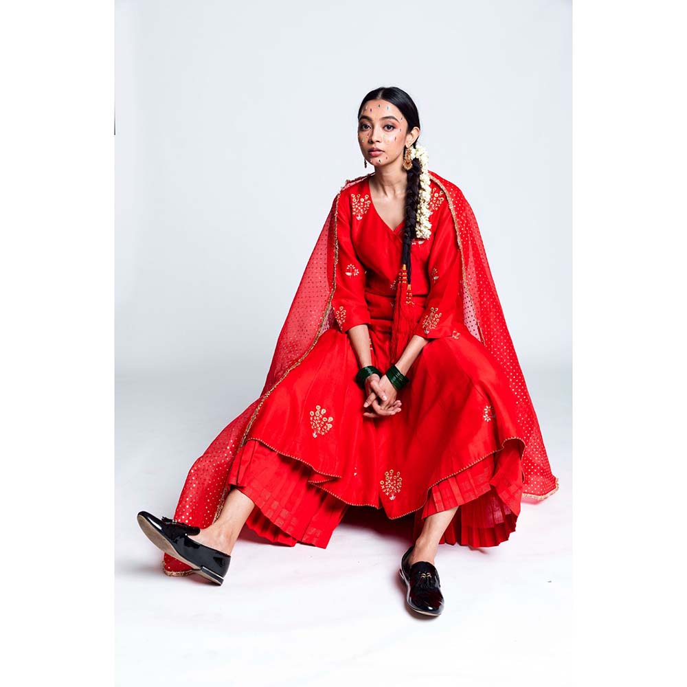 Label Earthen Women Red Embroidered Anarkali Kurta with Sharara & Dupatta (Set of 3)