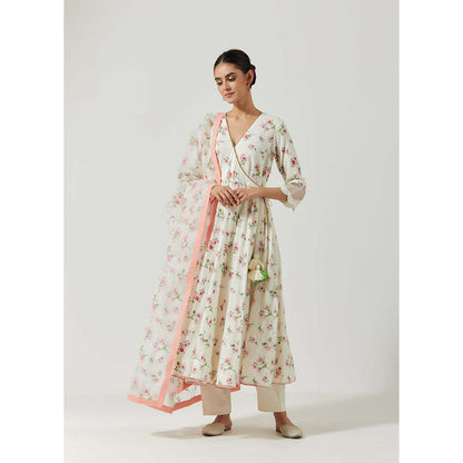 Label Earthen Women White Floral Angarkha Kurta with Pant & Dupatta (Set of 3)