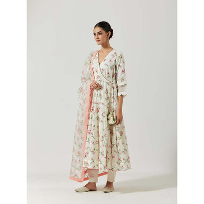 Label Earthen Women White Floral Angarkha Kurta with Pant & Dupatta (Set of 3)