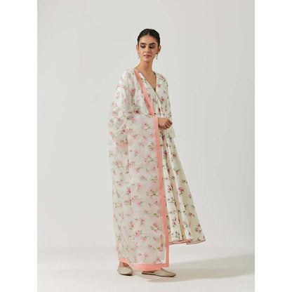 Label Earthen Women White Floral Angarkha Kurta with Pant & Dupatta (Set of 3)