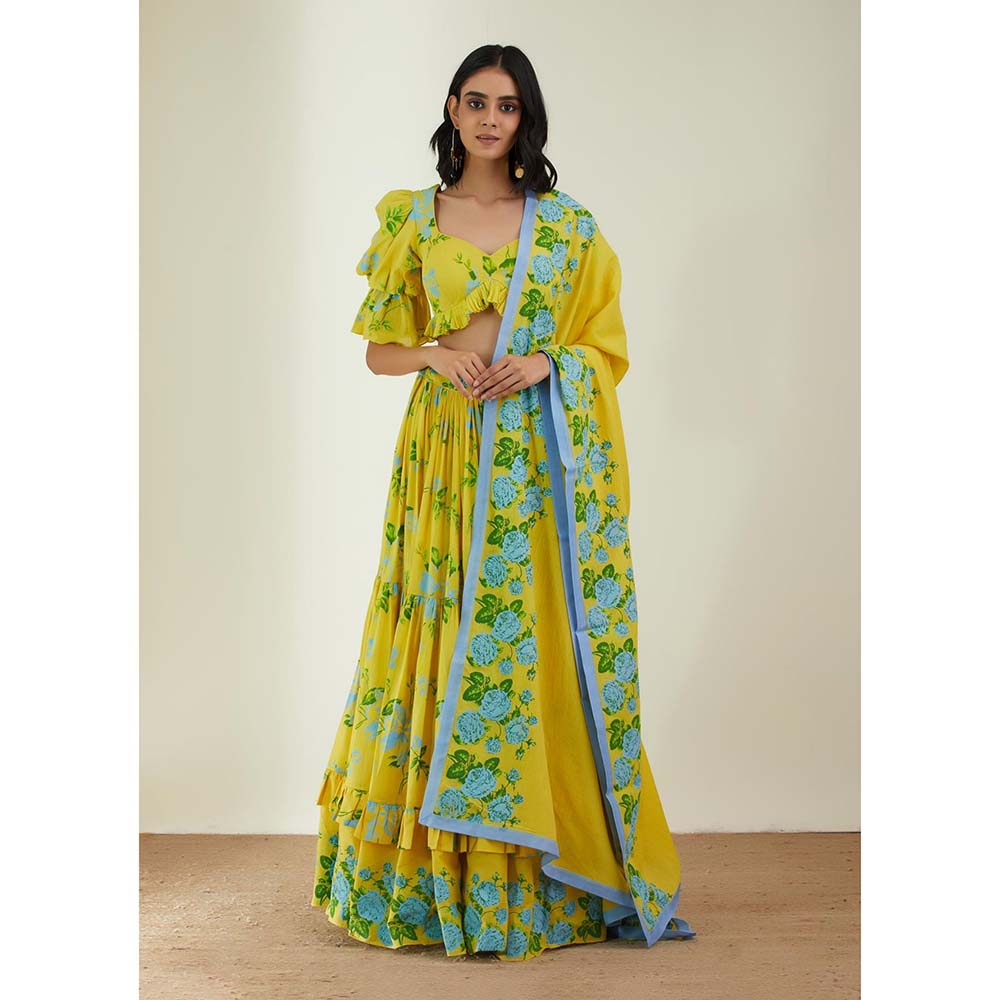 Label Earthen Women Yellow Floral Lehenga with Choli & Dupatta (Set of 3)