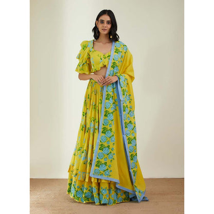 Label Earthen Women Yellow Floral Lehenga with Choli & Dupatta (Set of 3)