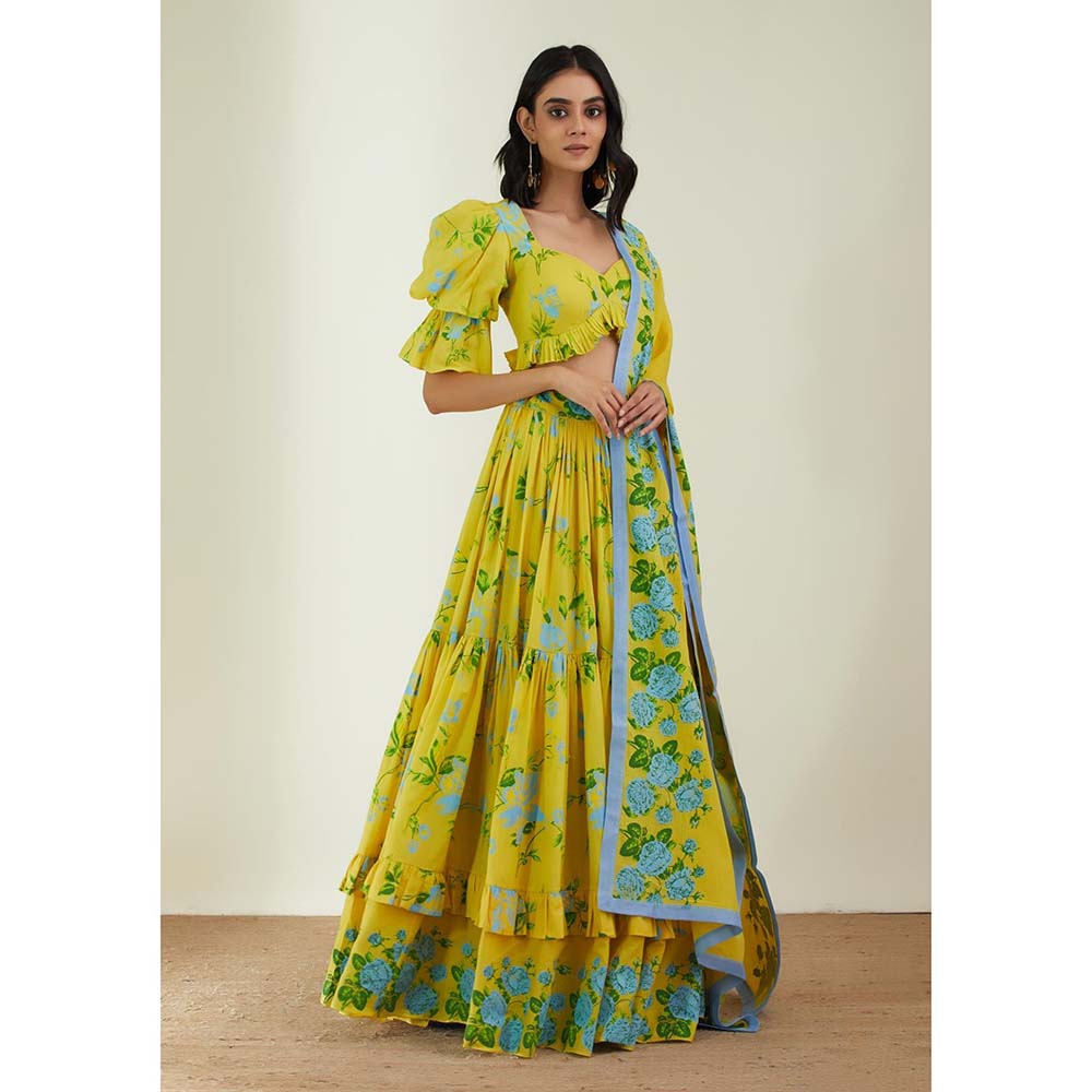 Label Earthen Women Yellow Floral Lehenga with Choli & Dupatta (Set of 3)