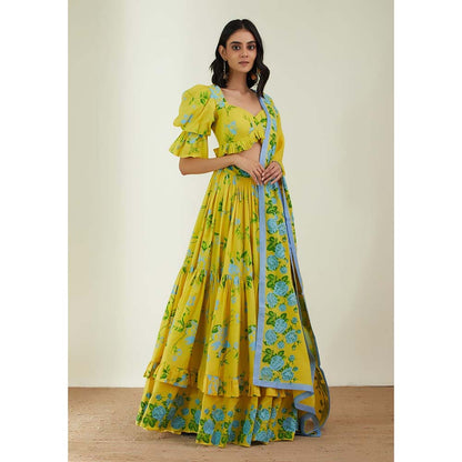 Label Earthen Women Yellow Floral Lehenga with Choli & Dupatta (Set of 3)