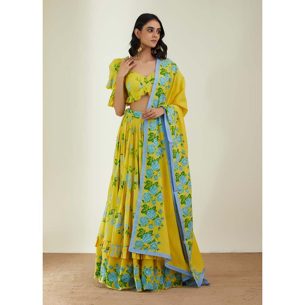 Label Earthen Women Yellow Floral Lehenga with Choli & Dupatta (Set of 3)